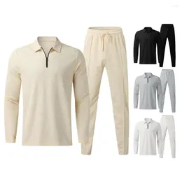 Men's Tracksuits Men Regular Fit Suit 2-piece Tracksuit Set With Turn-down Collar Shirt Drawstring Elastic Waist Pants Long Sleeve Solid