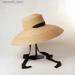 Wide Brim Hats Bucket Hats Women Summer Classical Wheat Straw Hat 19cm Big Wide Brim Sun Hats Elegant Vintage Handmade Beach Caps Vocation Chapeu Feminino Q240312