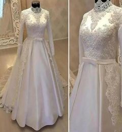 Arabic Dubai Modest Plus Size Muslim Wedding Gowns Jewel Neck Satin Long Sleeves Lace Appliues Bridal Dress Robe De Mariage Custom1157380