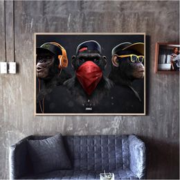 Large Animal Picture Canvas Printed Painting Modern Funny Thinking Monkey with Headphone Wall Art Poster for Living Room Decor309u