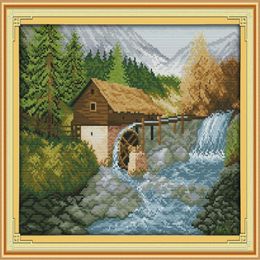 Bridge River waterfall cabin home decor painting Handmade Cross Stitch Embroidery Needlework sets counted print on canvas DMC 14C191W