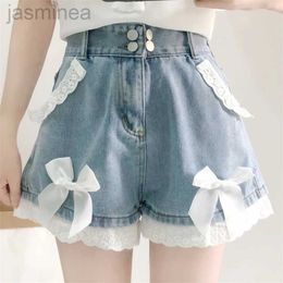 Women's Shorts Summer Lolita Denim Shorts Teen Girls Kawaii Lace Hem Wide Leg Jeans Korean Fashion Waist Casual Short Pants ldd240312