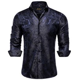 Luxury Blue Black Paisley Silk Shirts for Men Long Sleeve Wedding Party Prom Tuxedo Dress Shirt Casual Designer Clothing 240301