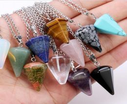 Colar de pingente de pedra preciosa natural cristal cura chakra reiki pedra de prata hexagonal prisme cone pêndulo charme colares1412103