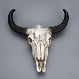 Resin Longhorn Cow Skull Head Wall Hanging decoration 3D Animal Wildlife Sculpture Figurines Crafts Horns for Home Decor T2003313385