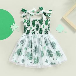 Girl Dresses Infant Baby Girls Sundress Lovely Sleeveless Tulle Dress Summer Toddler Bow Tie Strap Shamrock/Floral Print Kids Clothes