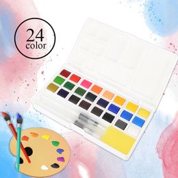 24Colors Solid Water Color Paint Set plastic box watercolor painting pigment Pocket Set with Painting Brush as Gift