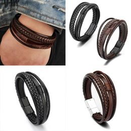 Bangle Trendy Leather Bracelets For Men Stainless Steel Bracelet 21CM Multilayer Braided Rope Bracelets for Male Jewelry Gifts ldd240312