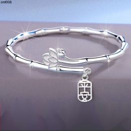 Zhubao Ping An Bracelet Female White Copper Plated Silver Goddess Festival Ancient Style Youth Solid Open Bamboo