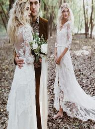 2021 Boho Wedding Dresses 12 Half Sleeves Lace Illusion Back High Low V Neck Custom Made Country Wedding Bridal Gown robe de mari5785509