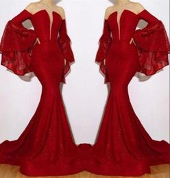 New Red Sequins Mermaid Long Evening Dresses Flare Long Sleeves Ruched Sweep Train Formal Party Prom Dresses8245828