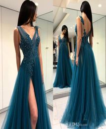 Gorgeous Dark Blue Scoop Long Evening Dresses Formal Dresses With Side Split Vestido De Festa Illusion Bodice Backless Party Gowns6536740