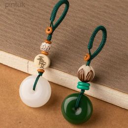 Keychains Lanyards Natural White Green Jade Agates Stone Round Pendant Keychain Hand-carved Lucky Amulet Keyring Gifts For Men Women ldd240312