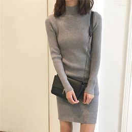 Casual Dresses ABRINI Women Mock Neck Solid Slim Sweater Dress Long Sleeve Knit Sexy Bodycon Basic Knitwear For 2024 Autumn