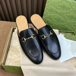 Men Women Loafers Designer Shoes Genuine Leather Collapsible Footwear Shoes Printed Metal Round Toe Loafer Mules Size 34-43