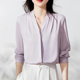 Women's Blouses 2024 Fashion Simplicity Purple Women Long Sleeve V-Neck Chic Folds Elegant Office Lady OL Shirts Casual Female Basic Top