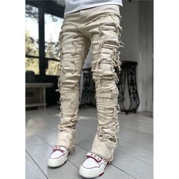 Jeans Stack Men's Purple Regular Stacked Patch Distressed Destroyed Straight Denim Pants Streetwear Clothes Stretch Patch Denim Straight Leg 535