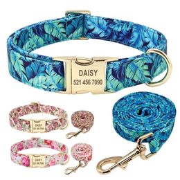 Personalised Floral Dog Collar and Leash Set Custom Small Medium Large Dog Pet ID Collar Lead Flower Print Dog Engraved Collars X0220e
