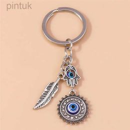 Keychains Lanyards 1Pc Bohemia Evil Eye Hamsa Hand Keychain for Women Men Blue Eye Sun Feather Key Ring Bag Pendant Car Key Holder Rings Wholesale ldd240312