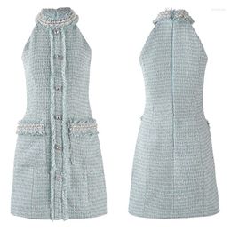 Casual Dresses Summer French Chic High End Design Beaded Pearls Rhinestone Halter Neck Tweed Mini Dress For Women Luxury 2024