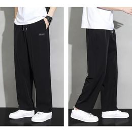 Men Sweatpants Ice Silk Smooth Drawstring Elastic Waist Straight Wide Legs Pockets Summer Sports Pants Jogging Trousers 240226