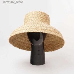 Wide Brim Hats Bucket Hats 2023 Summer Natural Raffia Straw Sun Hats for Women Retro Flat Drooping Hat Panama Ladies Hat Holiday Beige Beach Floppy Hat Q240312