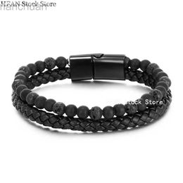 Bangle Natural Stone Bracelets Genuine Leather Braided Bracelets Black Stainless Steel Magnetic Clasp Tiger eye Bead Bangle Men Jewellery ldd240312