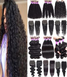 Brazilian Virgin Hair Bundles With Closure Deep Wave Human Hair Weaves With Lace Closure Unprocessed Malaysian Peruvian Hair Exten5921656