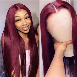 13x4 Straight HD Lace Frontal Wigs Human Hair 180% 99j Red Coloured Glueless Lace Front Human Hair Wigs 4x4 Closure Wig