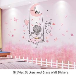 shijuekongjian Cartoon Girl Wall Stickers DIY Chaotic Grass Plants Mural Decals for Kids Rooms Baby Bedroom House Decoration 210304i