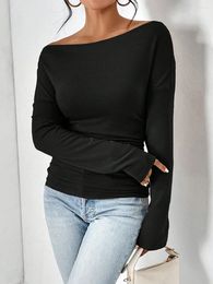 Damen-T-Shirts, langärmeliges, schulterfreies Oberteil, einfarbig, schmale Passform, Herbst-Damen-Clubwear