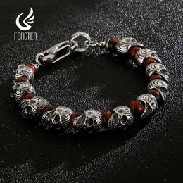 Bangle Fongten 22.5cm Skull Bracelet For Men Stainless Steel Bangle Beaded Bracelet Male Gold Silver Colour Skeleton Jewellery ldd240312