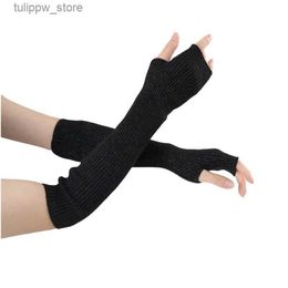 Protective Sleeves Sparsil Cashmere Long Fingerless Gloves Women Arm Warmers Goth Knitted Wool Mittens Winter White Punk Elbow Sleeve Glove Girls L240312