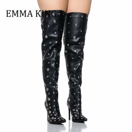 Women Rhinestone Gem Embellished Thigh High Boots Sexy Pointy Toe Stiletto Heel Long Boot Ladies Glamorous Wedding Party Shoes 240227