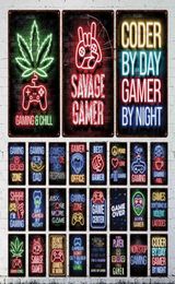 Metal Painting Retro Tin Sign Neon Art Gamer Boy Playing Games Eating Painting Home Living Room Decor Unique Metal Sign Board T2201675487