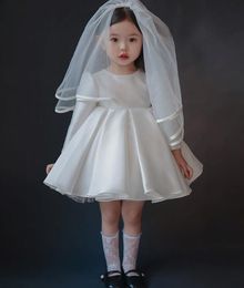 Simple Jewel Long Sleeve Satin Ball Gown Flower Girls' Dresses Knee-length Custom Kids Wear