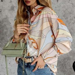 Women's Blouses Women Spring Fall Shirt Colourful Print Lapel Single-breasted Long Lantern Sleeve Buttons OL Commute Style Lady Blouse