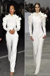 Custom Long Sleeves Celebrity Evening Dresses 2022 White Leg Jumpsuit High Neck Flowers Formal Prom Party Gowns1410689