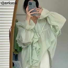 Women's Blouses Shirts Gentle Blouse Women Puff Sle V-neck Design Casual Loose All-match Spring Clothing Beauty Ladies Streetwear Ruffles New SoftL24312