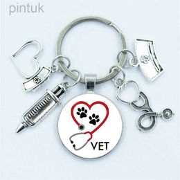 Keychains Lanyards I love Veterinary Medicine Nurse Keychain Animal Doctor Keyring Glass Dome Cabochon Pendant Men and Women Fashion Charm Jewellery ldd240312