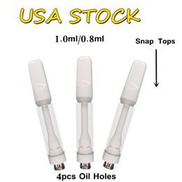 Full Ceramic Cartridge 1.0ml with Snap Tops White USA STOCK Atomizer Carts 510 Thread Empty Glass Tank for Thick Oil 4 Holes Cartridges Lead Free 1000pcs/lot