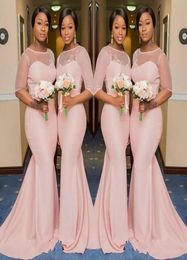 2022 Blush Pink Sheer Jewel Neck Bridesmaid Dresses 12 Sleeve Mermaid Floor Length Black Girls Maid of Honor Gown Wedding Guest Dr9662986