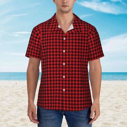 Men's Casual Shirts Vintage Houndstooth Beach Shirt Men Black And Red Hawaiian Short-Sleeve Design Loose Oversize Blouses Gift