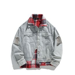 Autumn Trendy Brand High Street Red Plaid Spliced Fake Two Piece Denim Jackets and Jackets, Male Couple