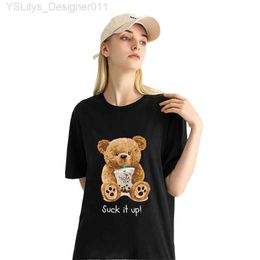 Women's T-Shirt YRYT New T-shirt Summer Womens Round Neck Summer Short Sle Womens Drink Milk Tea Bear Large Size Fun Top L24312 L24312