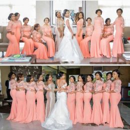 2024 Peach African Long Bridesmaid Dresses Three Quarter Sleeves Plus Size Lace Mermaid Long Party Dress Bridemaid Dress Maid Honor Gowns