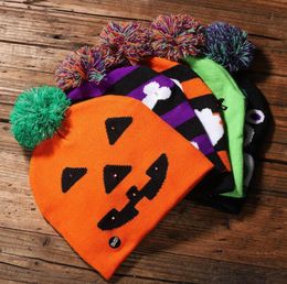 Led Halloween Knitted Hats For Pumpkin Acrylic skull cap Kids Baby Moms Warm Beanies Crochet Winter Caps party decor gift LX21003812314