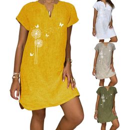 Summer Loose Butterfly Dandelion Print Dresses Short Sleeve V Neck Cotton Linen Womens Dress