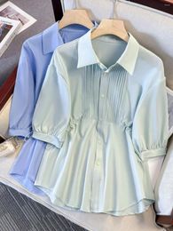 Women's Blouses Solid Womens Plus Size Shirts 2024 Summer Chic Short Sleeve Waist Retraction Blouse Elegant Office Lady Work Tops Women