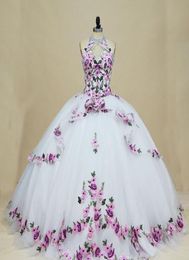 2022 Elegant Lilac Patterned Flowers White Ball Gown Quinceanera Dresses Halter Keyhole Neck Back Beaded Tulle Long Sweet 15 16 Ch8878808